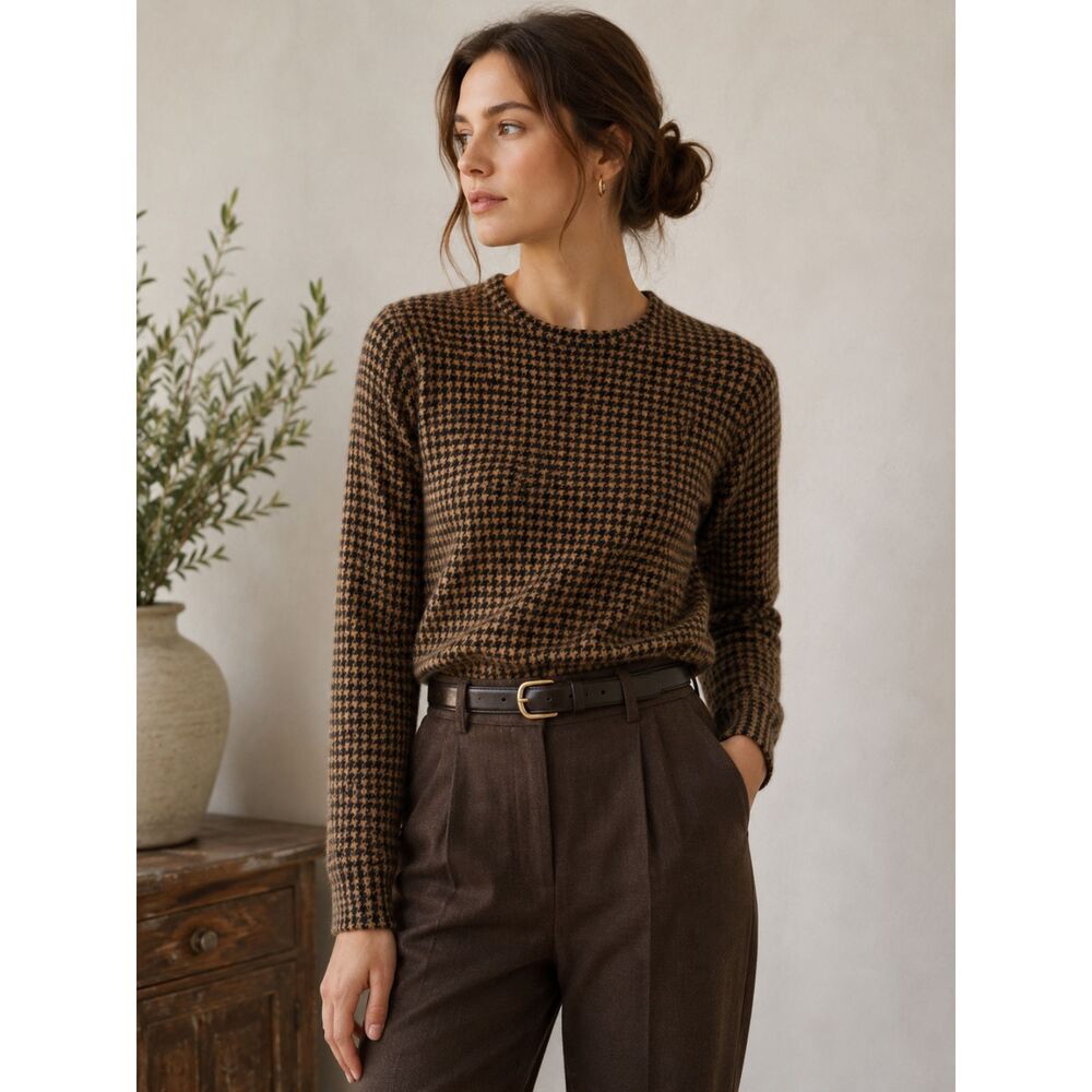 Vintage Silk Club Collection Lambswool Angora Sweater M Houndstooth Brown